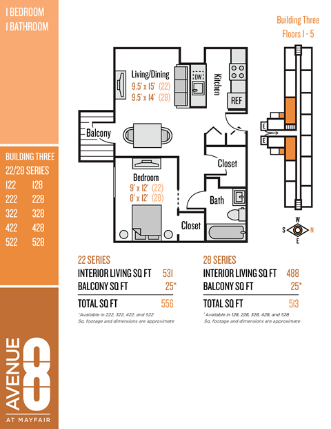 Floor plan for 1 bed, 1 bath, 531 sqft